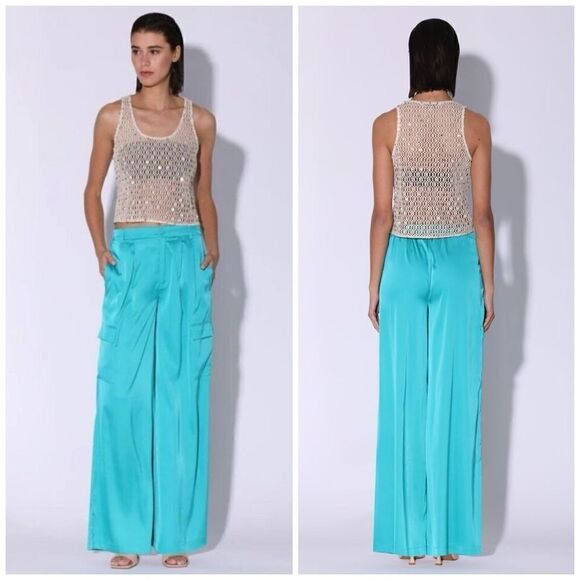 Walter Baker Denver Pant Turquoise Blue Wide Leg High Rise Satin SZ S NWT $198 - Picture 1 of 11